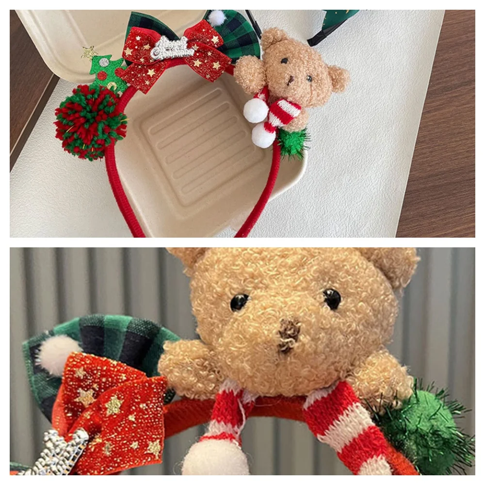 

Christmas Headband Cartoon Hair Bands DIY Hair Accessories Fluffy Plush Bear Hair Hoop Knitted Ball Plaid Decor Bow Headpiece