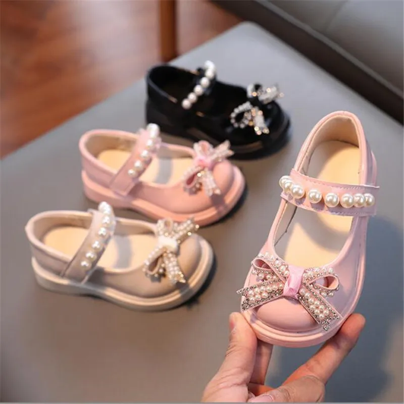 Girls Princess Leather Shoes Soft Bottom Children Sequins Flats Pearl Baby Wedding Shoe