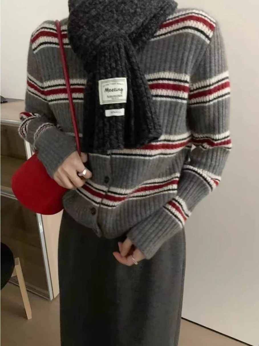 

Корейский универсальный полосатый длинный вязаный открытый кардиган, женская верхняя одежда, осенняя новинка, повседневная универсальная одежда на одной пуговице...