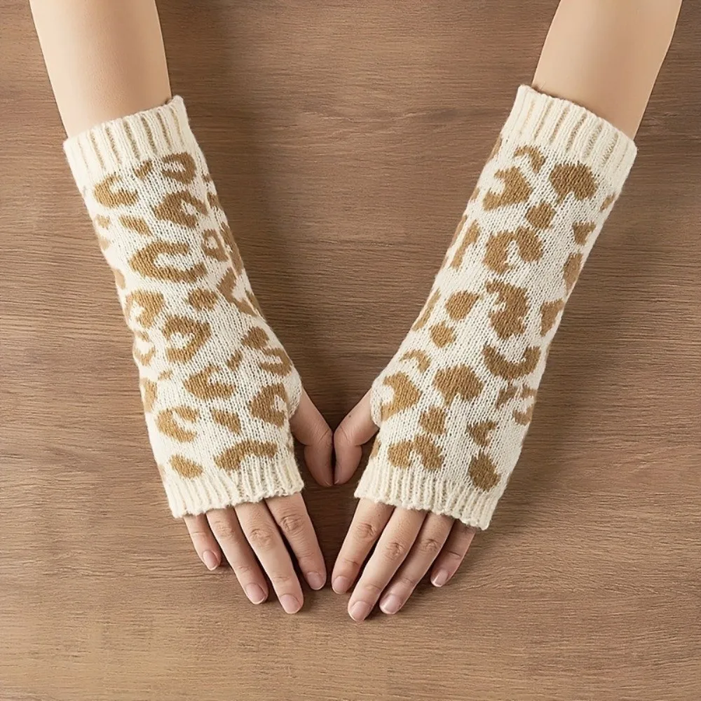 2Pcs/Set Simple Leopard Print Hat Gloves Set Soft Warm Knitted Beanie Mittens Knitted Pullover Hat Winter