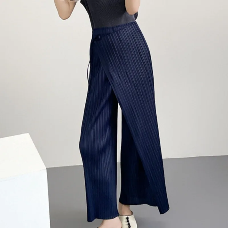 Miyake Pleated Patchwork Pants for Women Loose Fashionable Straight High-Waisted Casual Skirt Pants Versatile Solid Color Pleat