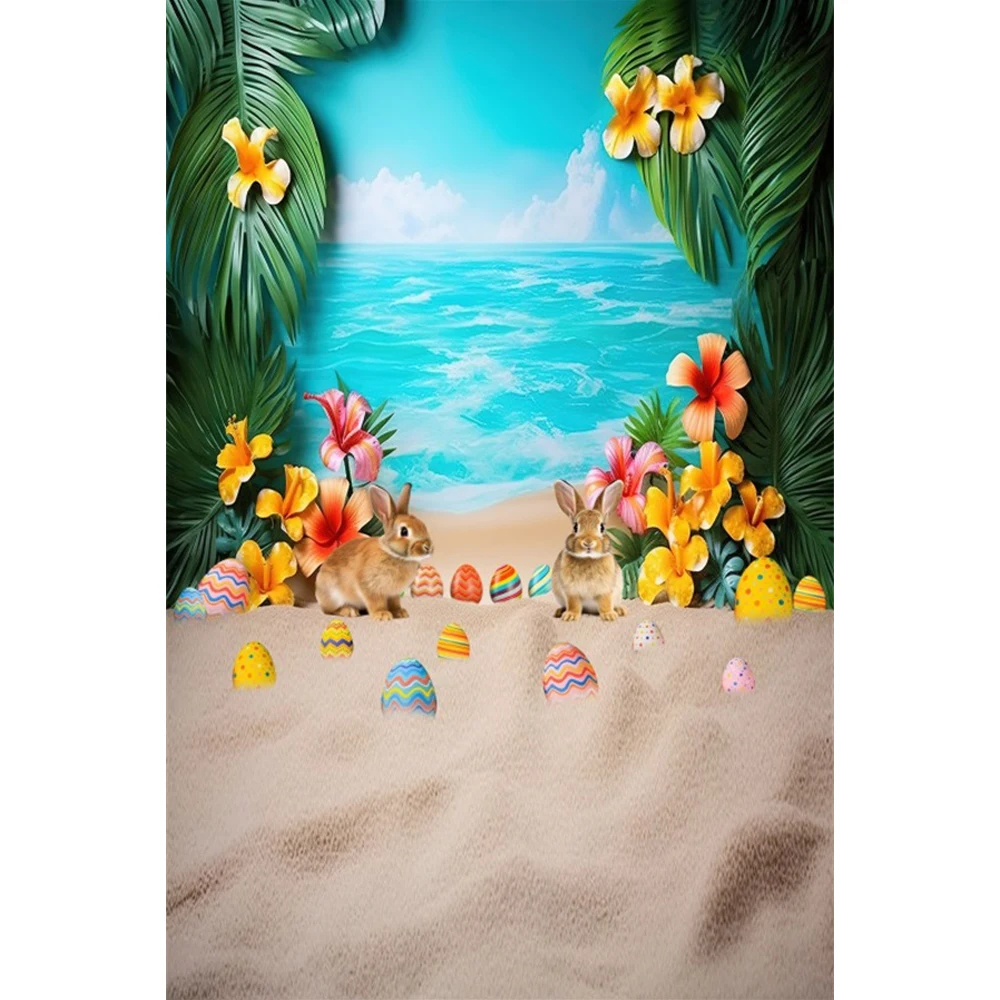 Laeacco Easter Backdrop Seaside Scenery Colorful Egg Sand Beach Cute Rabbit Kids Birthday Party Portrait Photography Background