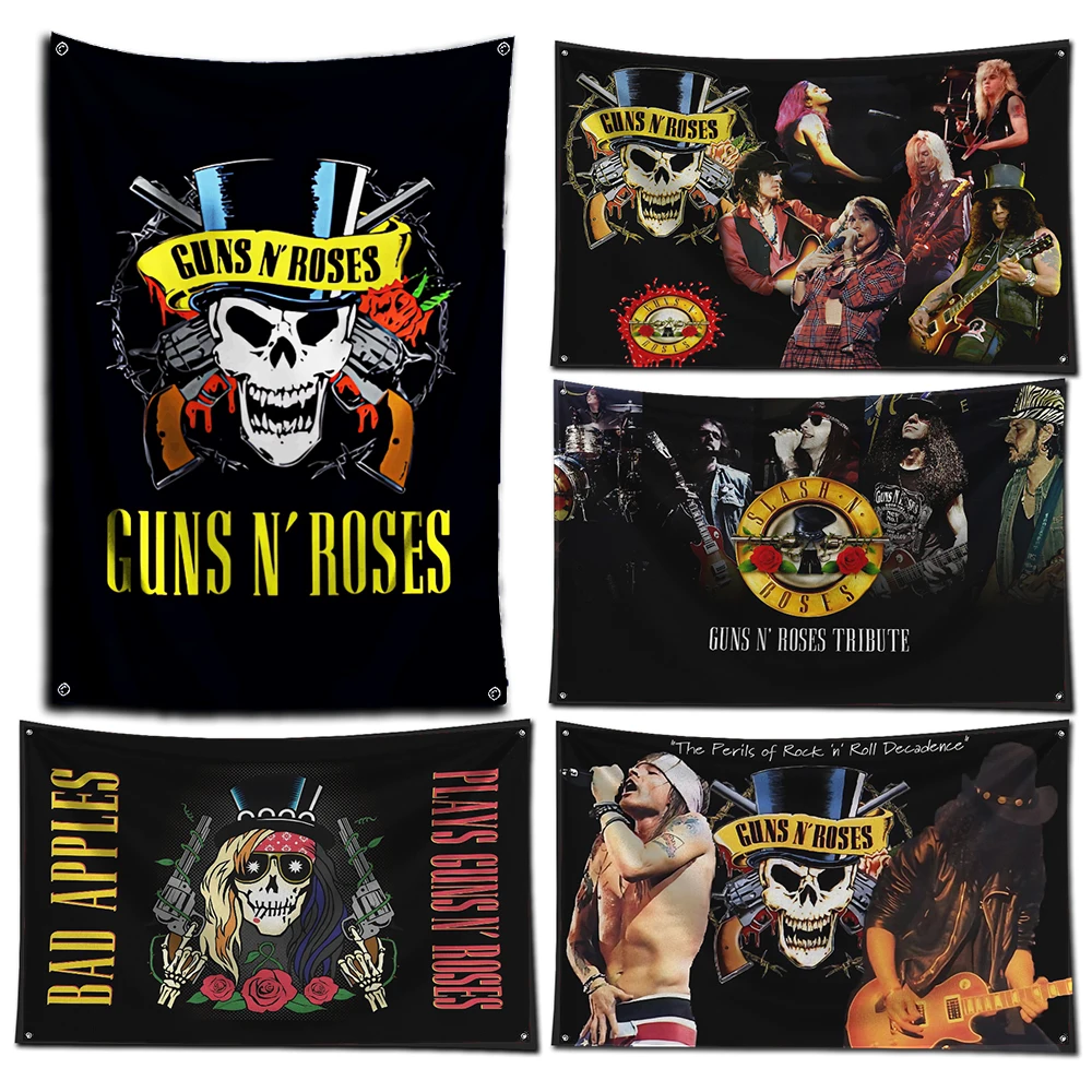 G-Guns And Roses Rockband-Flagge, Polyester-Digitaldruck-Banner für Garagenwandkunst, Außendekoration mit Ösen