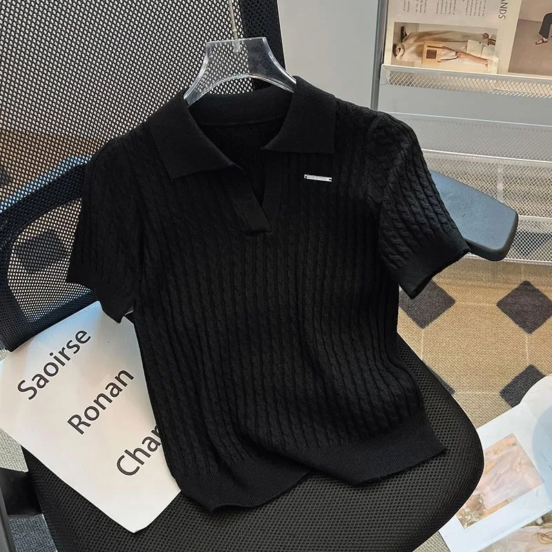 POLO Collar Ice Silk Knitted T-Shirt Solid Color Short-sleeved Women's Summer Designer Slim-fit Top Women's Clothes