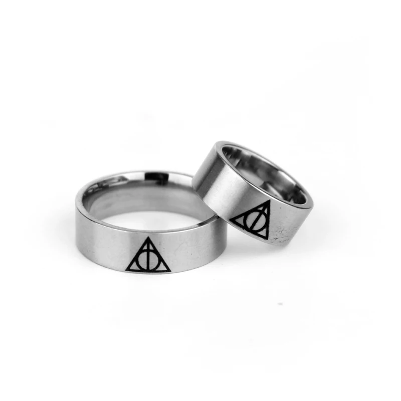 Movie Trendy Silver Color Deathly Hallows Stainless Steel Rings Geometric Circle Triangle Ring for Men Women Jewelry
