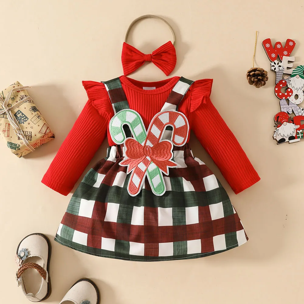 3pcs Christmas Bodysuit for newborn Long sleeve Solid Color Bodysuit Candy Applique Plaid Suspender Dress Sets