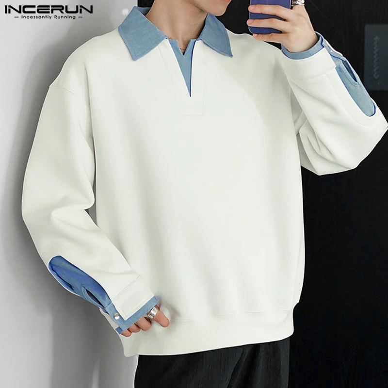 INCERUN New Men's Clothing Stylish Contrast Color Splicing Fake Two-piece Hoodies Streetwear Lapel Long Sleeved Sweatshirts 2024