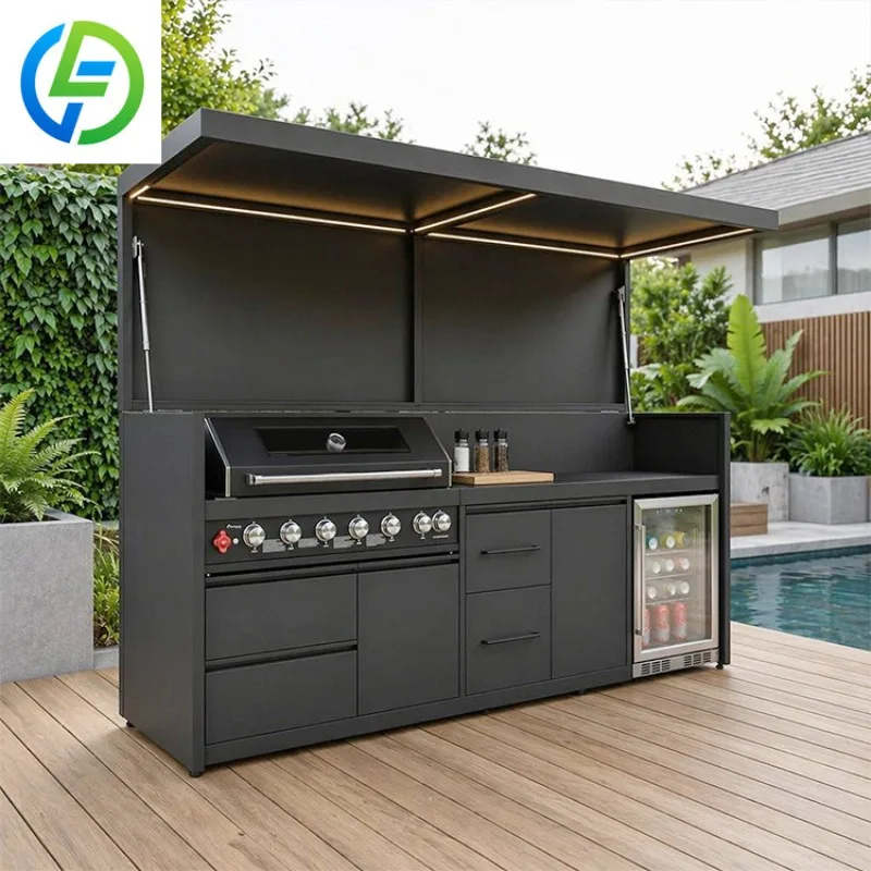 New Enclosed Outside Kitchen with Shed Gas Charcoal Powered Stainless Steel Outdoor Bbq Kitchen Pod with Pizza Oven & Sink