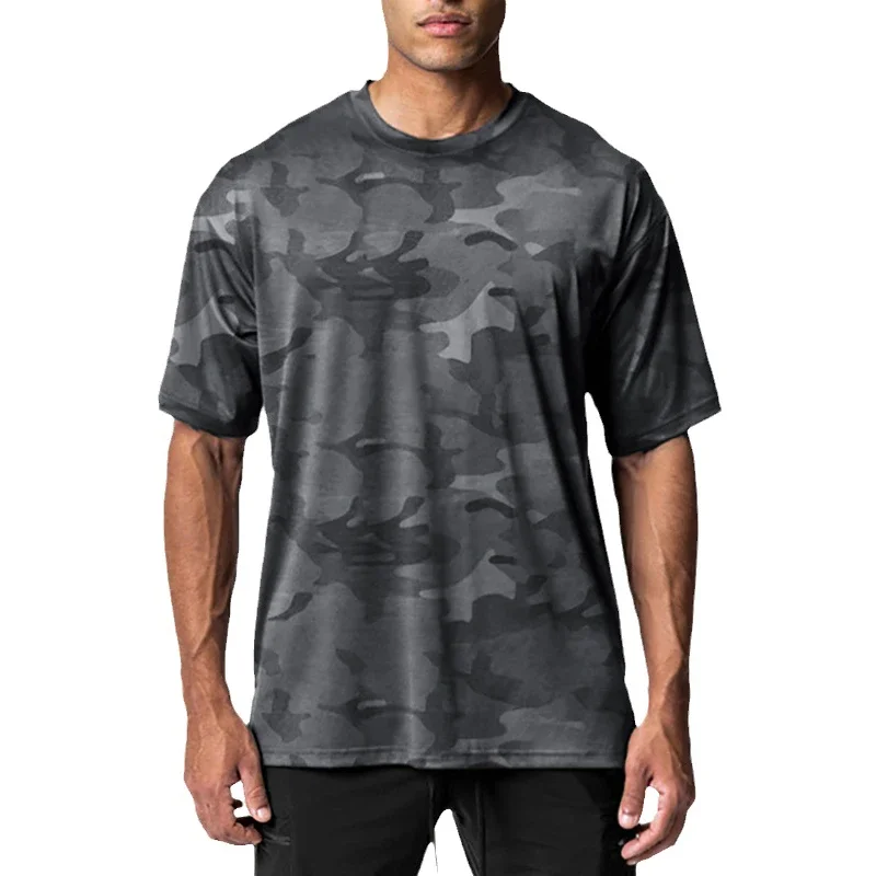 Camouflage Running T-shirts Mens Oversized Half Sleeve Dropped Shoulder Loose Fitness T Shirt Summer Gym Bodybuilding Tops Tees