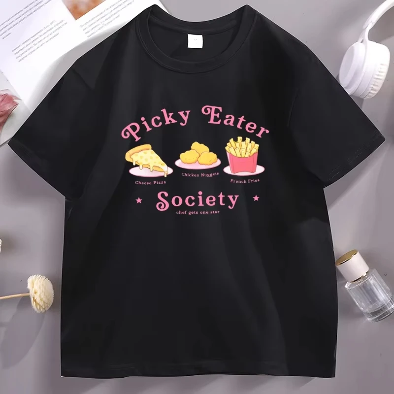 Camiseta divertida de la Sociedad de Comedores Exigentes para hombre y mujer, con estampado de queso, pizza, nuggets y patatas fritas, camiseta de comida rápida, ropa cómoda con humor culinario, tops