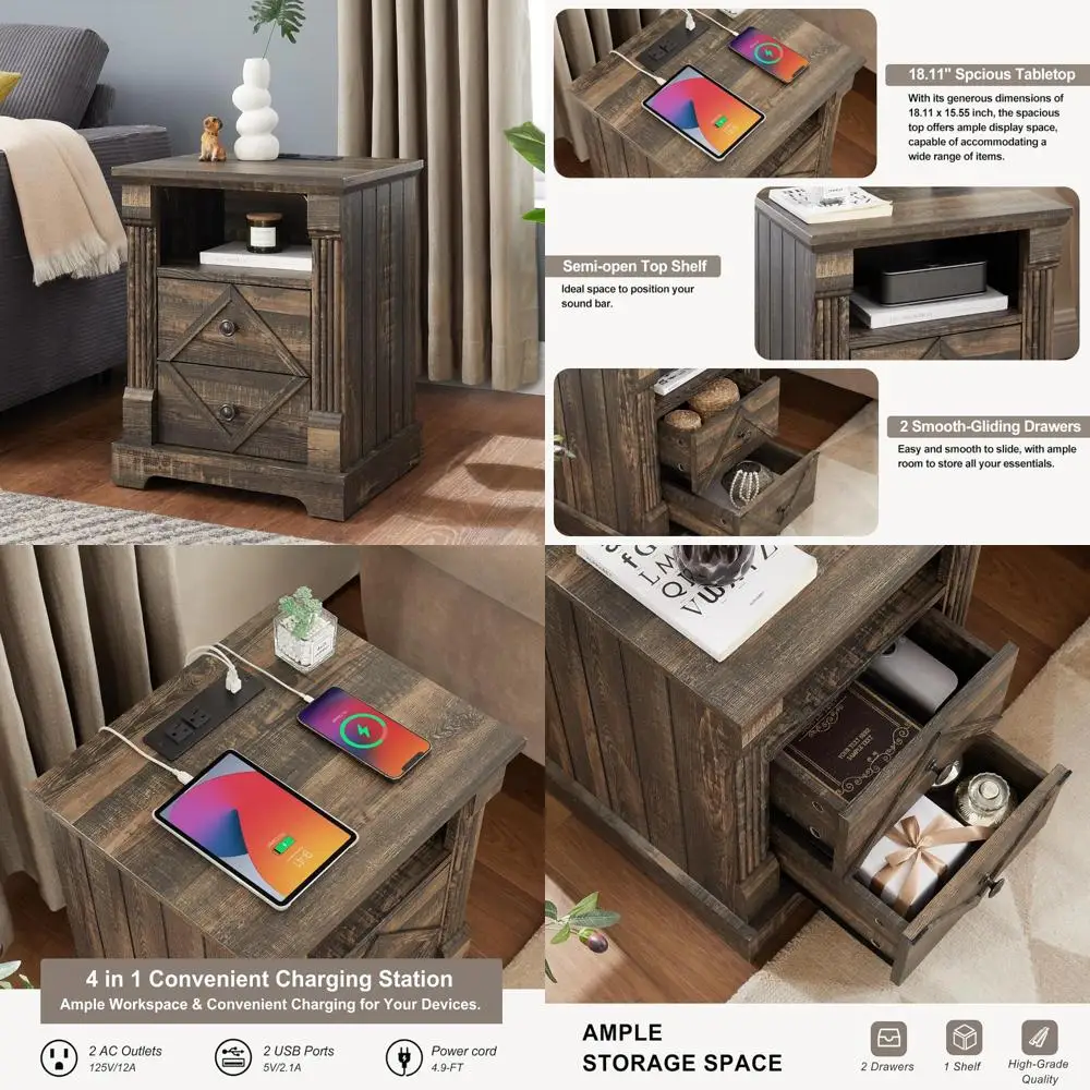 منضدة على طراز المزرعة الحديثة مع منفذ شحن، وطاولة جانبية خشبية ذات درج مزدوج، ولمسة عمود روماني لمساحات المعيشة