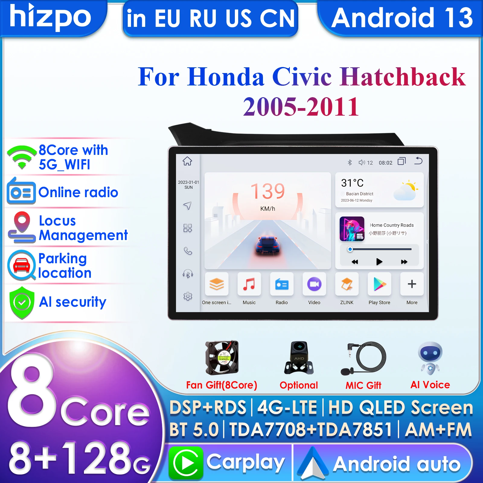 Android 13 Car Radio for Honda Civic Hatchback Multimedia Video Player Navigation GPS Carplay QLED Touch Screen Auto Stereo 8G