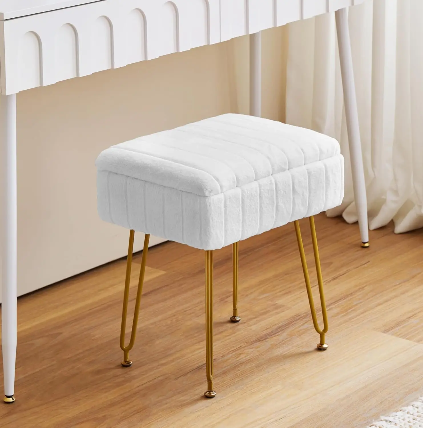 

White Vanity Chair Stool With Storage Small Makeup Chair For Vanity Seat Bench With 4 Metal Legs And Adjustable Anti-Slip Feet