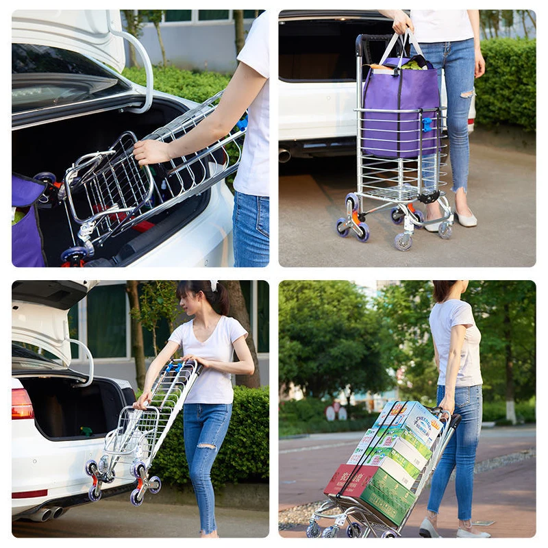 Imagem -02 - Folding Carrinho com Haste Telescópica Liga de Alumínio Leve Step Climbing Trolley Portátil Grande Capacidade Carrinho de Mercearia 35l