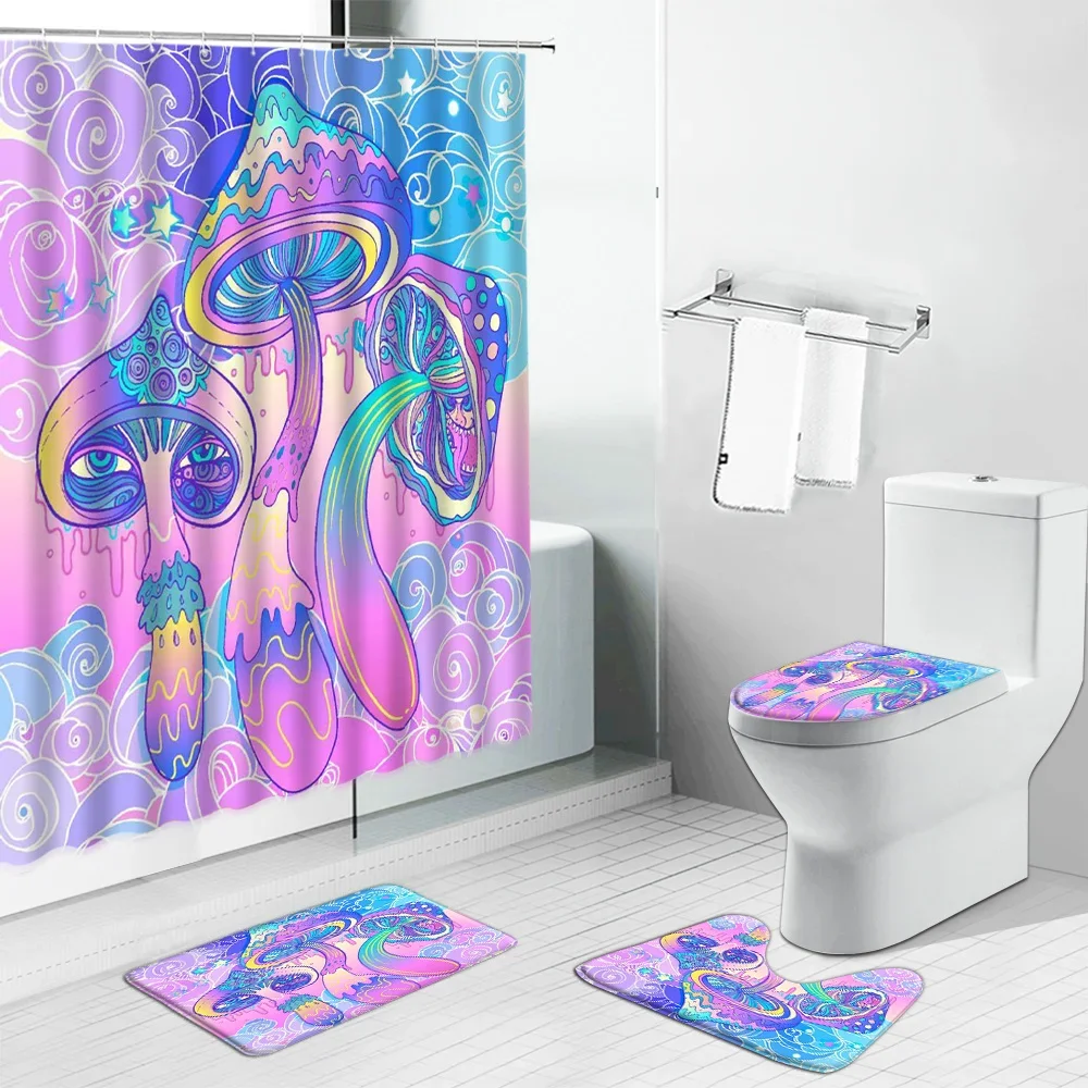 Angels in Heaven Shower Curtain Set Fantasy Enchanted Forest Elves Girl Mushroom Bathroom Curtains Toilet Lid Cover and Bath Mat