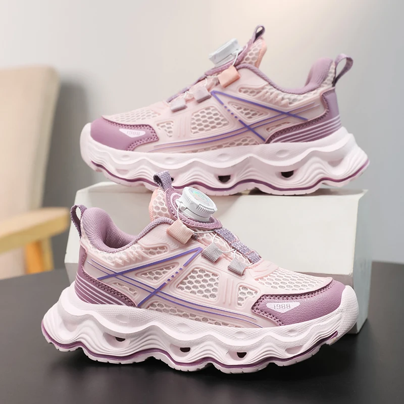 

Children Sports Shoes Summer Breathe Single Mesh Sports Girls Running Shoes 2025 New Rotating Buckle Casual Kids Sneakers