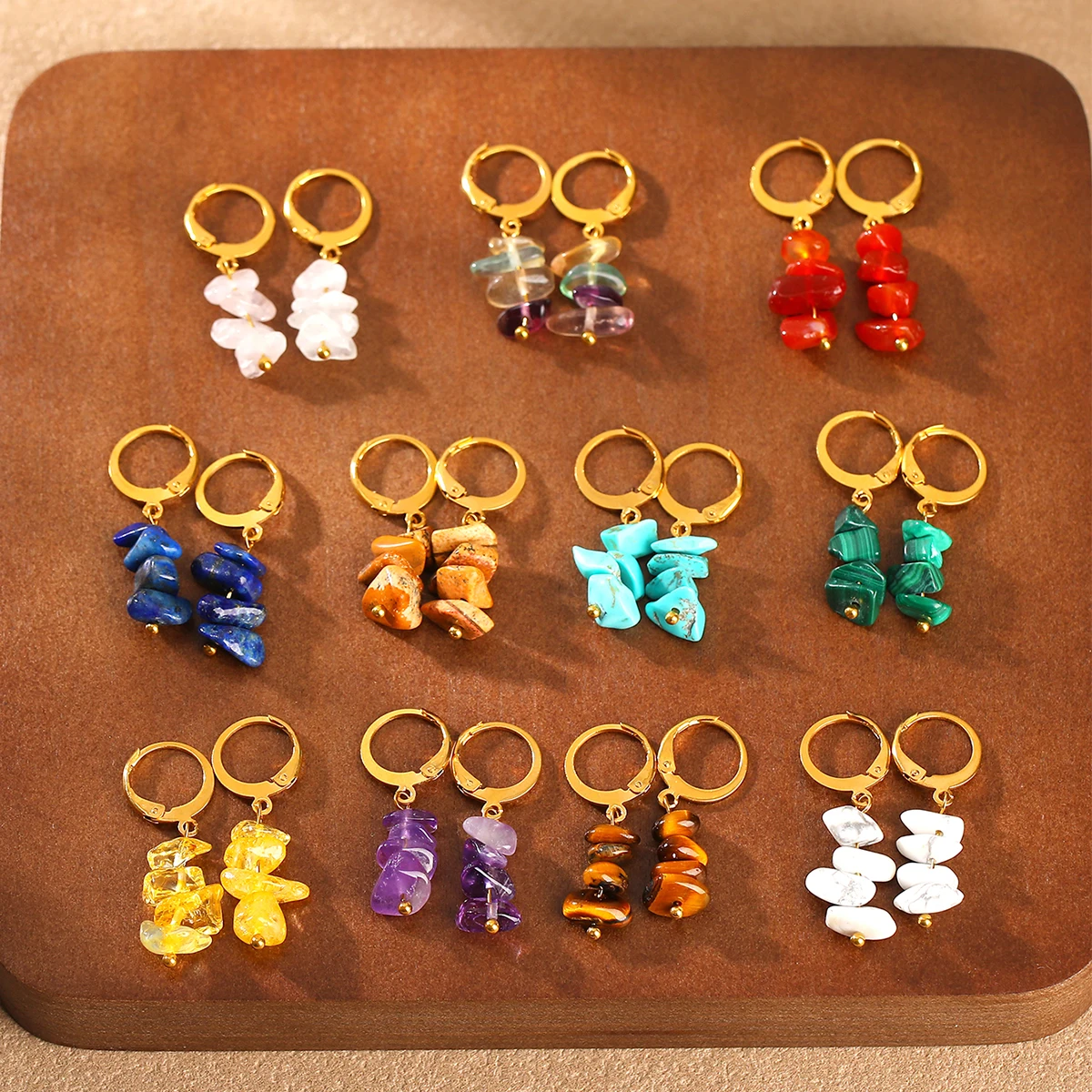JD Bohemia Natural Stone Gravel Pendant Golden Hoop Earrings Women Raw Amethyst Chips Charms Dangle Reiki Healing Earring Gift