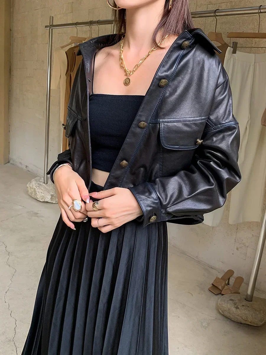 Sheepskin Leather Jacket Women Clothes High-end Fashion Motorcycle Jackets Black Short Women's Coats Casaco De Couro Feminino Sq