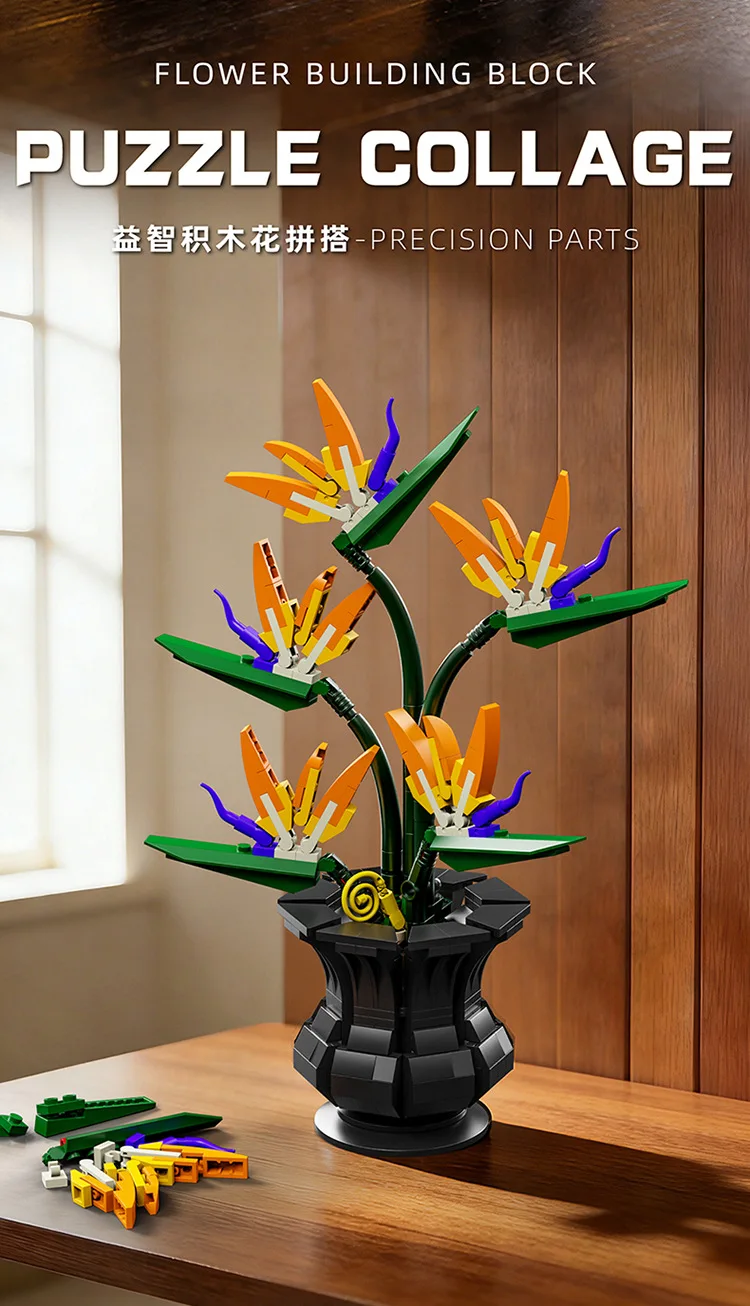 Paradiesvogel, künstliche Blume, Bausteine, Pflaumenblüte, Topfpflanze, Bausatz, Spielzeug, Geschenk zur Dekoration von Schreibtisch und Zuhause. – Detail 3