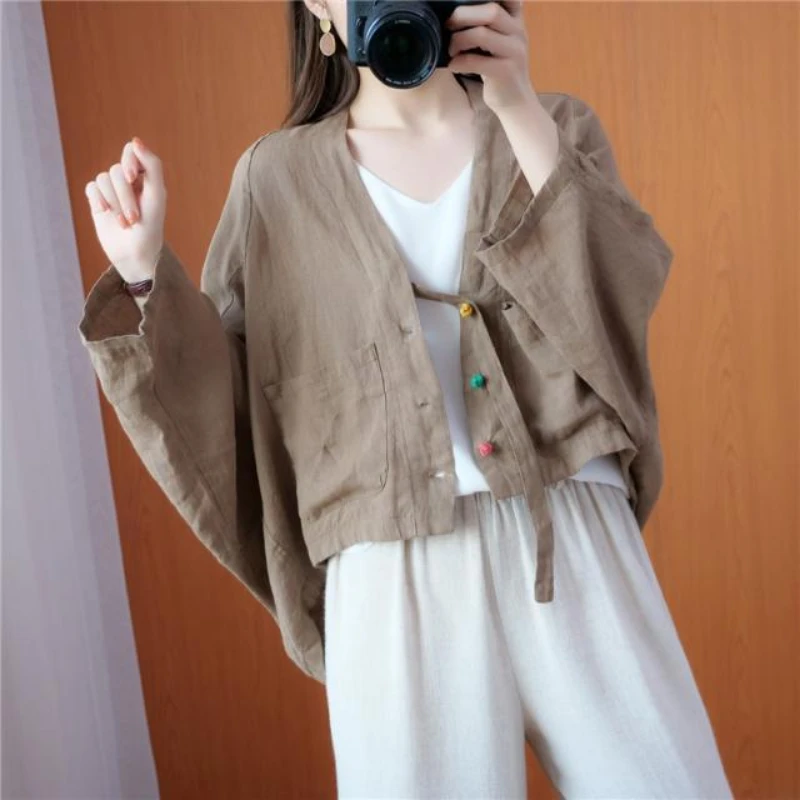

Spring Autumn New Fashion Solid Color V-neck Long Sleeve Shirt Women Fashion Button Patchwork Cotton Hemp Cardigan Elegant Tops