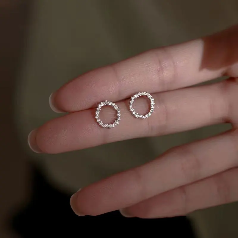 Cute Shiny 925 Sterling Silver Full Zircon Hollowed Circles Stud Earrings for Women Girls Korean Geometry Piercing Jewelry Gifts