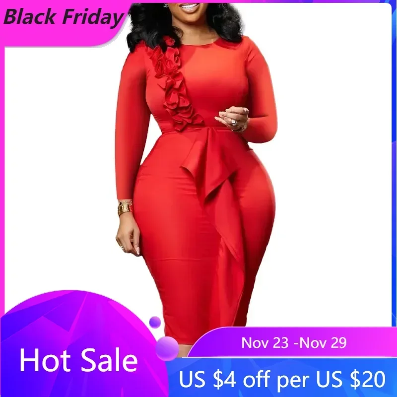 

African Dresses for Women Elegant 2024 Spring Autumn African Long Sleeve O-neck Party Bodycon Dress Dashiki African Clothing