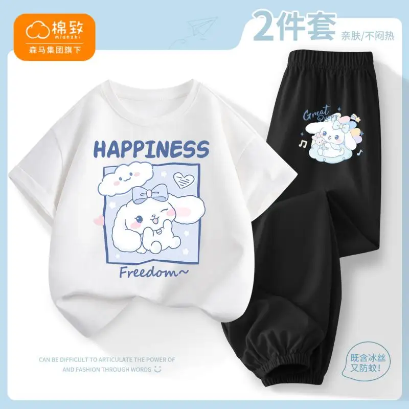 Anime Sanrioed Cinna moroll Kinder Kurzarm Anzug Sommer Jungen Mädchen Baumwolle Tops Cartoon T-Shirt lässige Hose Sommer Kinder Kleidung