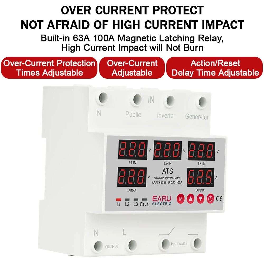 63A 100A 3 Phase 3P+N Phase Selector Adjustable Over Under Voltage Current Protector ATS Automatic Transfer Switch Monitor Relay