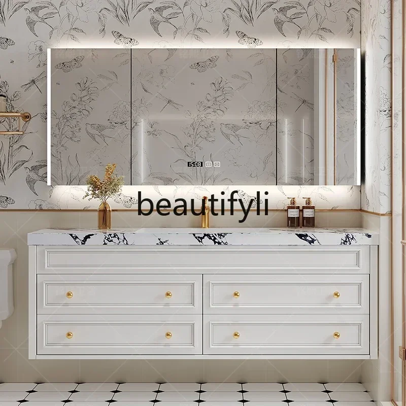 

FG28French double basin bathroom cabinet oak washbasin rock slab integrated basin retro bathroom washbasin cabinet