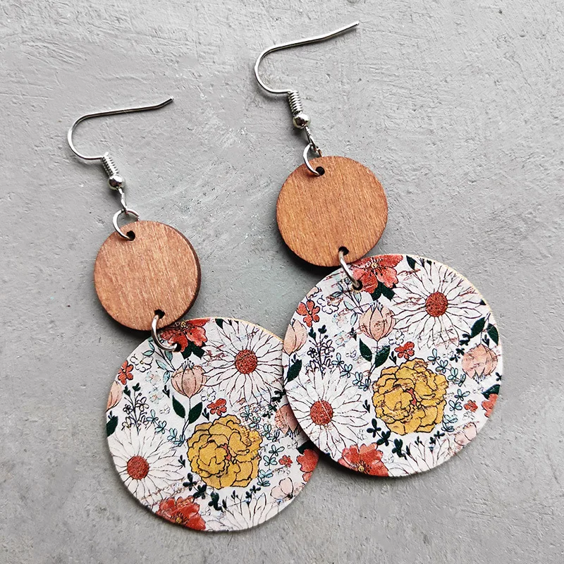 6pairs/lot Earrings Boho Floral Print Double Round Wood Dangle Earrings Two Layer Wooden Drop Earrings Women Daily Jewelry