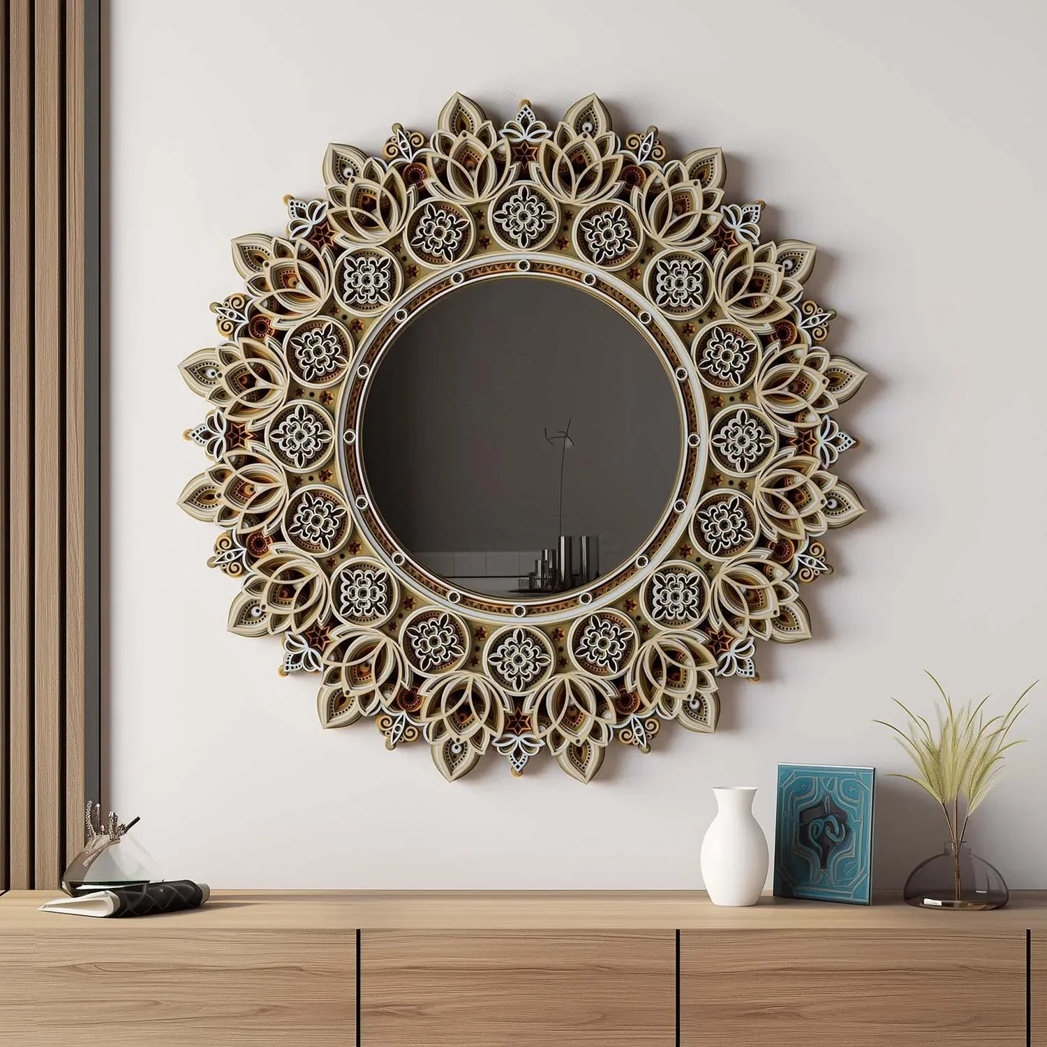 Light luxury relief decorative mirror entrance living room hanging mirror art