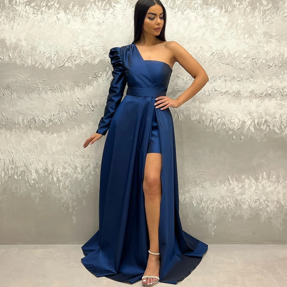 

Carolina One Shoulder Long Sleeves Slit Evening Dresses Women Saudi Arabia Floor Length Wedding Guest Elegant Formal Party Gowns