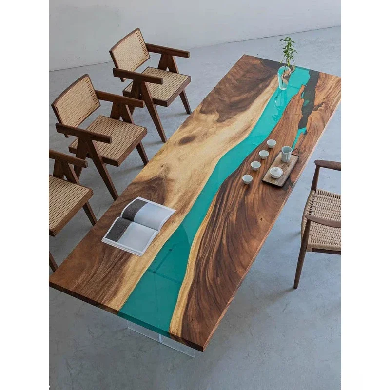 Transparent epoxy resin large board table creative ocean beach river tea table whole solid wood office meeting table