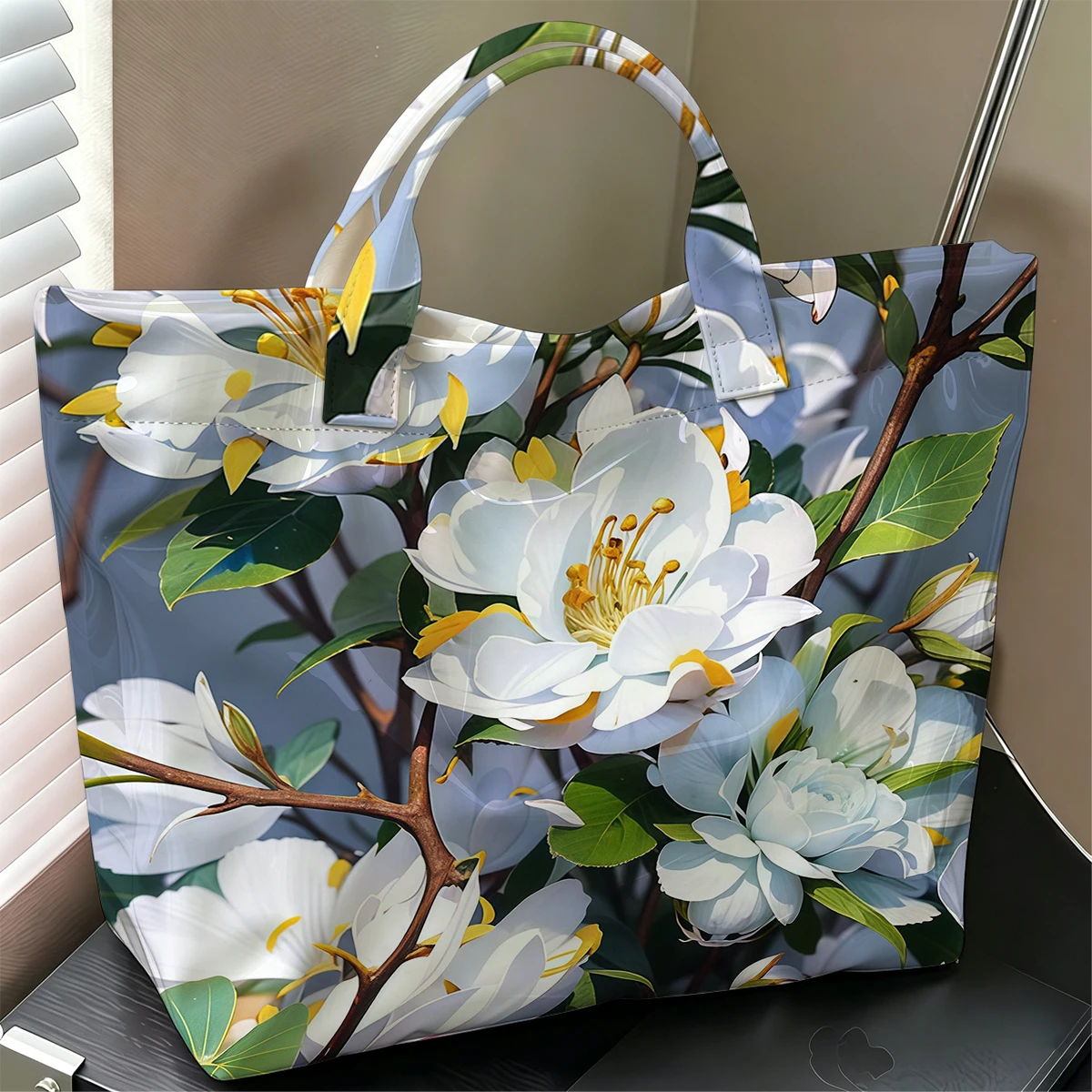 Jade Spring Blossoms Fashion Large Glossy PVC Tote Bag Hand Washable Waterproof Perfect Travel Commute Cosmetic Storage Shopper