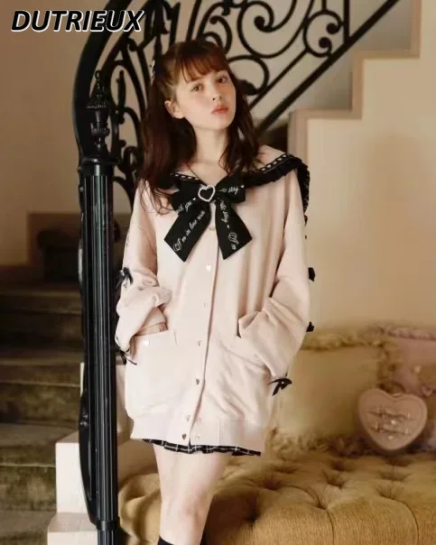 Japanese Sweatshirt Coat Women Sweet Heart Shape Rhinestone Bow Sailor Collar Bow Pink Hoodies Coat Autumn Winter Lolita Clothes