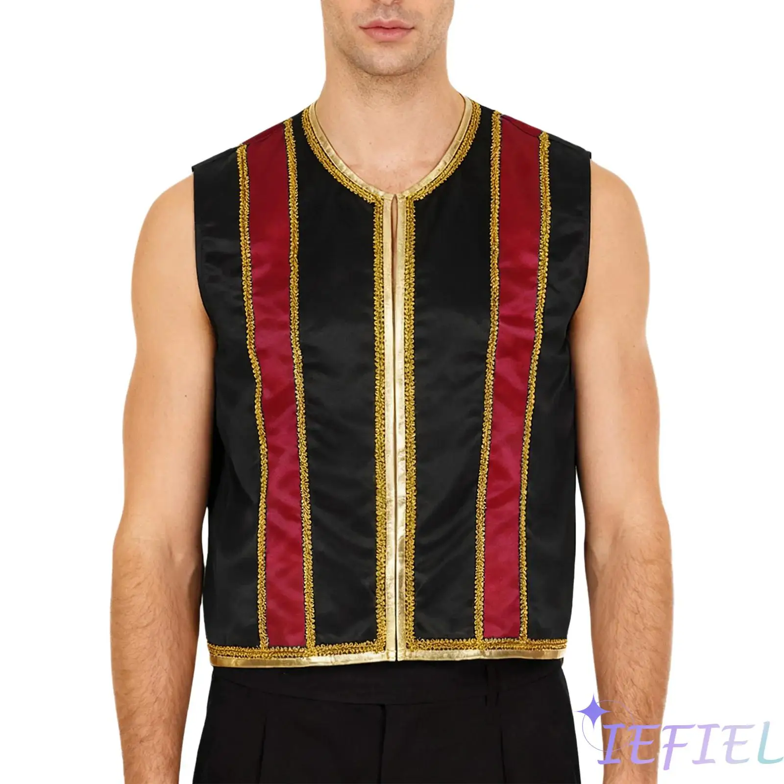 

Mens Spanish Matador Cosplay Theme Party Costume Sleeveless Open Front Gold Trim Color Block Vest for Holiday Party Wear