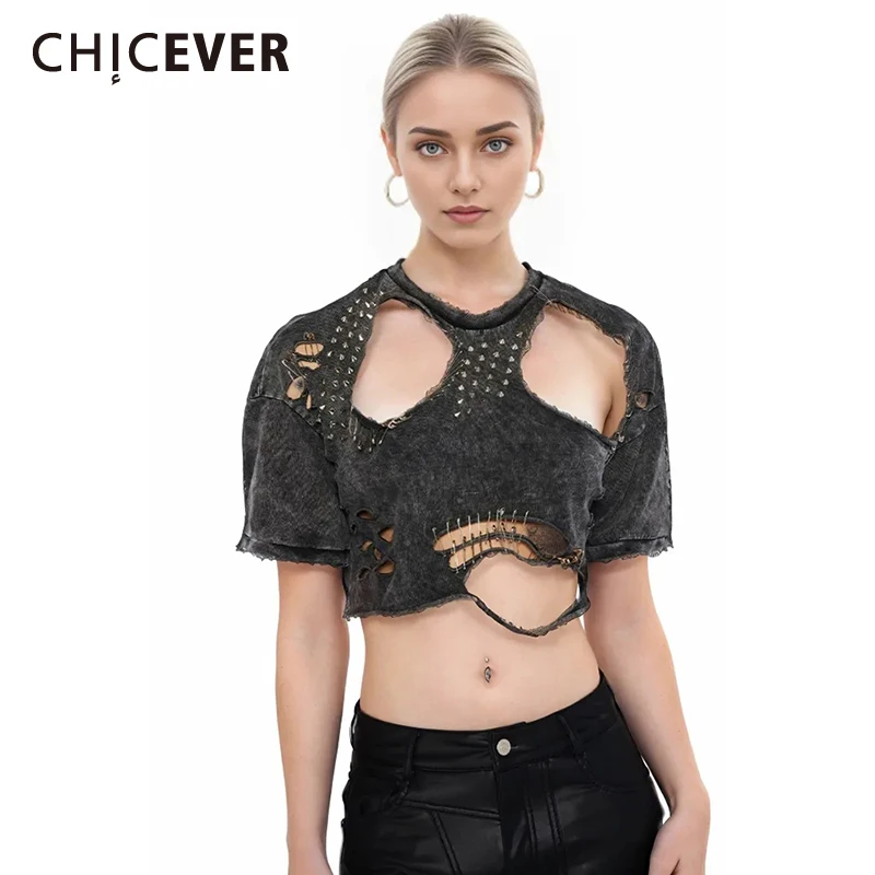 

CHICEVER Solid Hollow Out Chic T Shirts For Women Round Neck Shorts Sleeve Patchwork Rivet Streetwear Vintage Crop Top Female