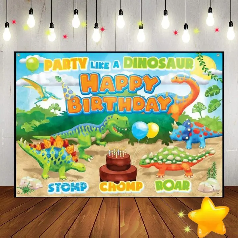 

Dinosaur Cartoon Themed Dicaron Custom Birthday Backdrop Decoration BackgroDiund Photography Backdrops Banner Photo Party Studio