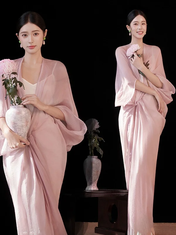 

New Chinese Style Pink Dress Art Photography Zen Style Sensation Personal High-End Feeling Studio Photography Costume