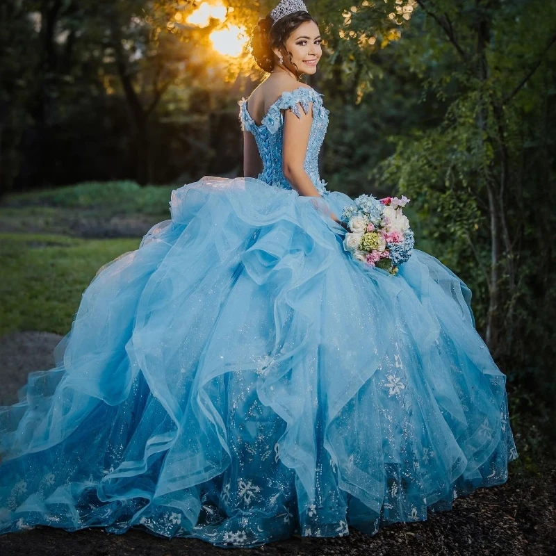 Sky Blue Princess Sage Green Quinceanera Dress Ball Gown Lace Applique Beading Tiered Tull Corset Sweet 16 Vestido 15 De Años