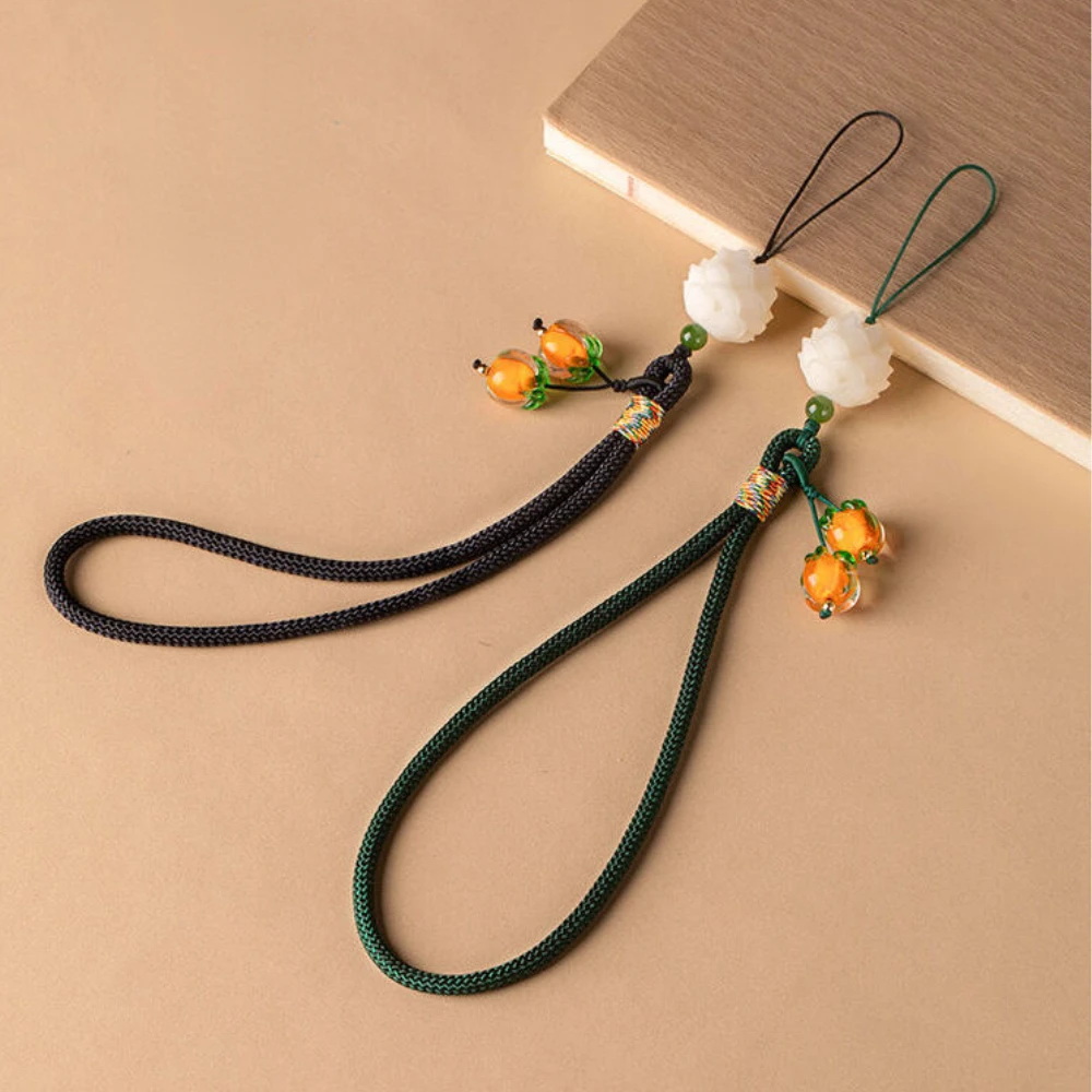 Chinese Style Good Luck Persimmon Phone Charm Glass Bead Wrist Strap Sturdy Anti-lost Cellphone Lanyard Keychain
