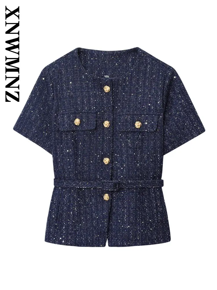 XNWMNZ 2025 겨울 신상 여성 휴가 캐주얼 O넥 니트 재킷 파티 빈티지 가을 여성 반팔 패션 슬림 탑 포켓