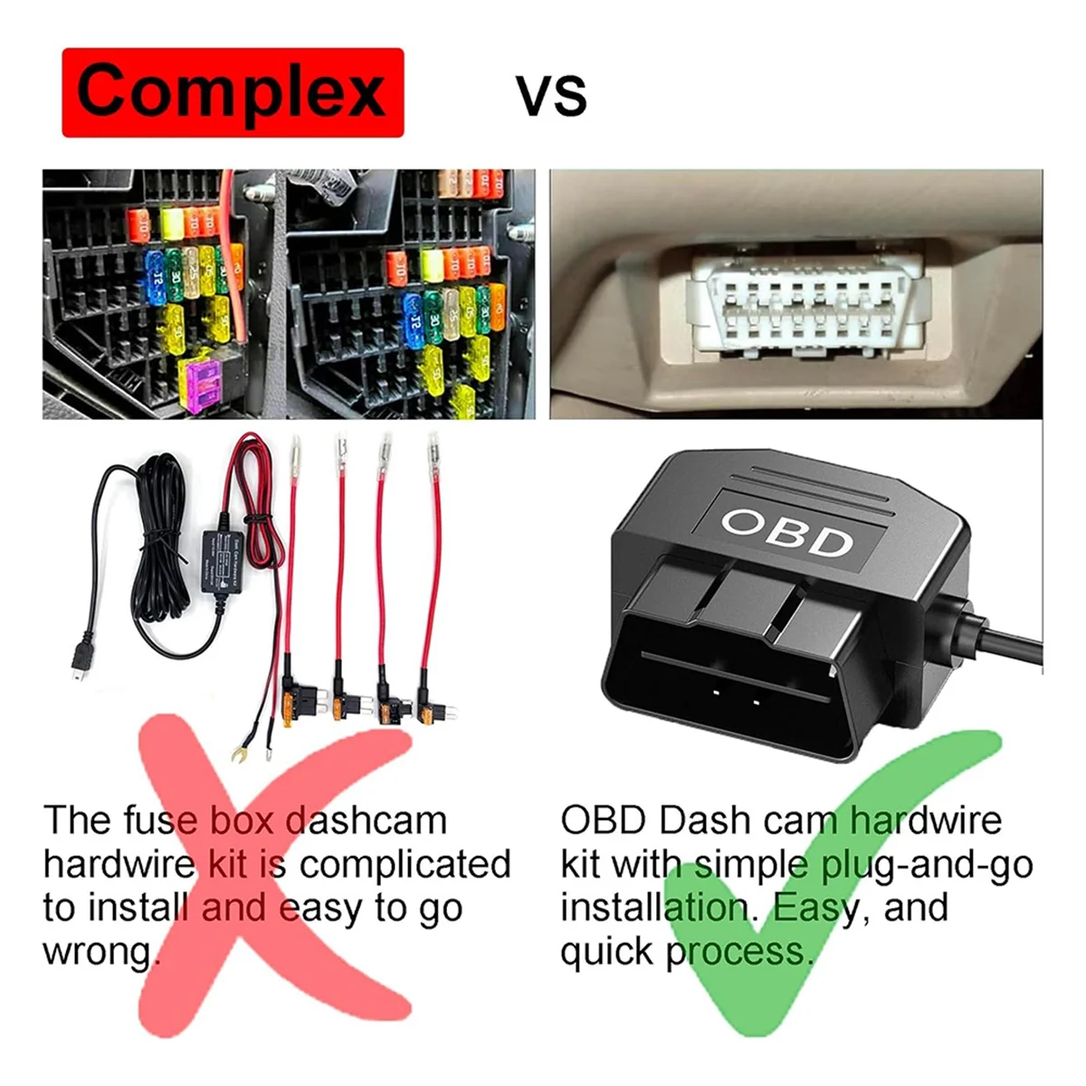 Dash Cam OBD Hardwire Kit, Dash Camera USB Type C Hardwire Kit with OBD Power Cable for Dashcam 12-24V to 5V/3A Vogue