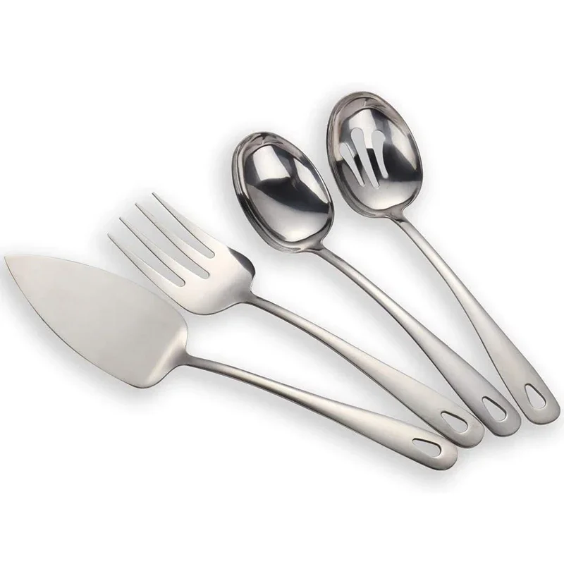 4-Piece Stainless Steel Titanium Plated Flatware Serving Set - Cake Server Meat Fork Pierced Serving Spoon Golden/Silver