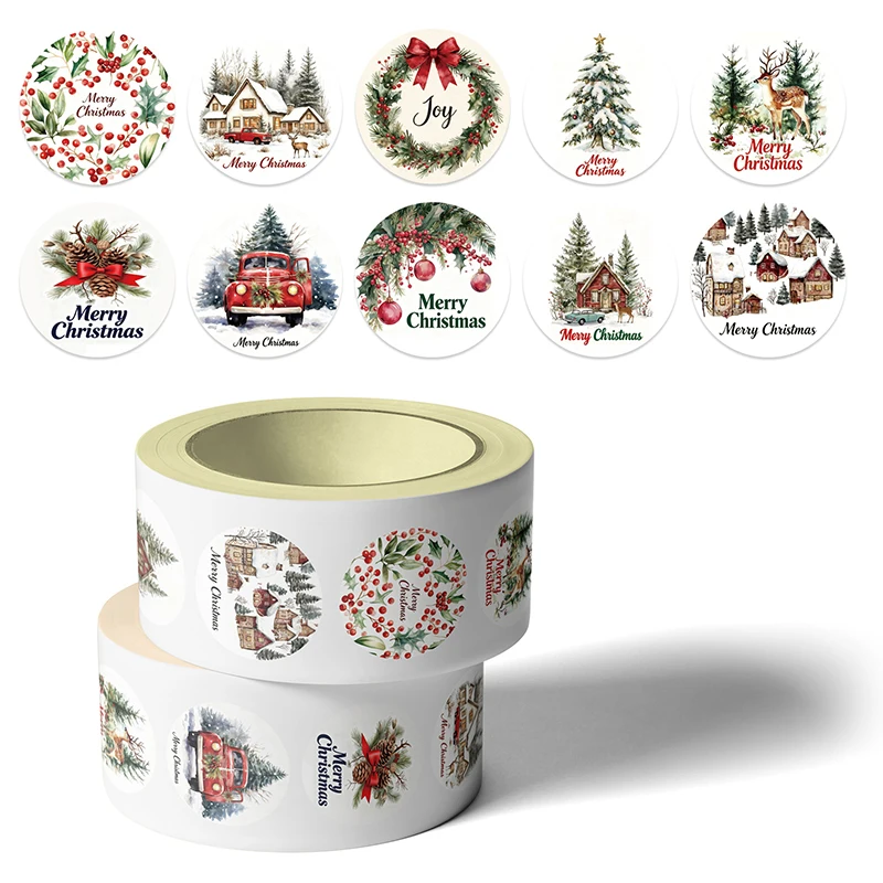 

500PCS Christmas Stickers Roll 10 Designs Round Merry Christmas Tags Wreath Labels 1.5 Inch Holiday Decals