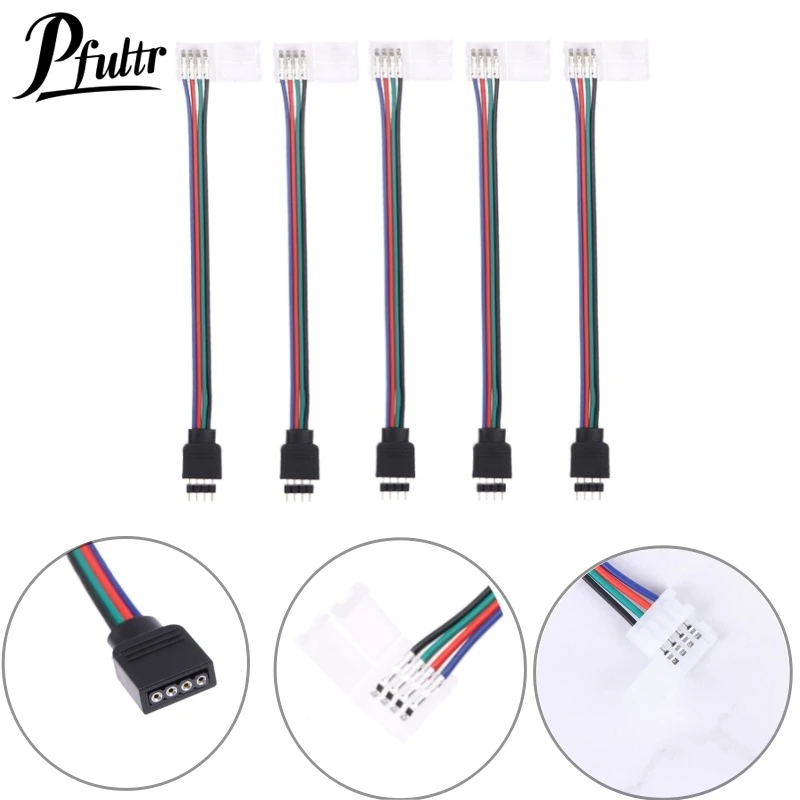 5Pcs 5050 LED RGB Strip Light Connector 4 Pin Conductor Strip To Controller Jumper Solderless Clip On Pigtail Power Adapter