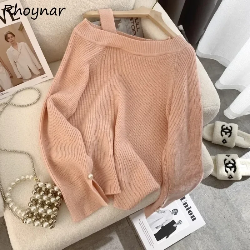 Off Shoulder Knitted Pullovers Women Autumn Sweet Girls Lazy Style Gentle Tops Tender Skin-friendly Design Korean Style Casual