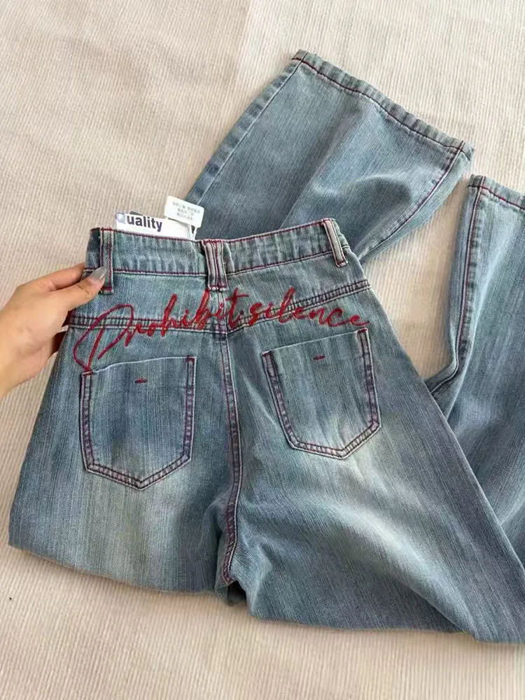 American Embroidery Wide Leg Jeans Women Y2K High Waist Streetwear Baggy Wash Denim Pants Vintage Oversize All Match Trousers