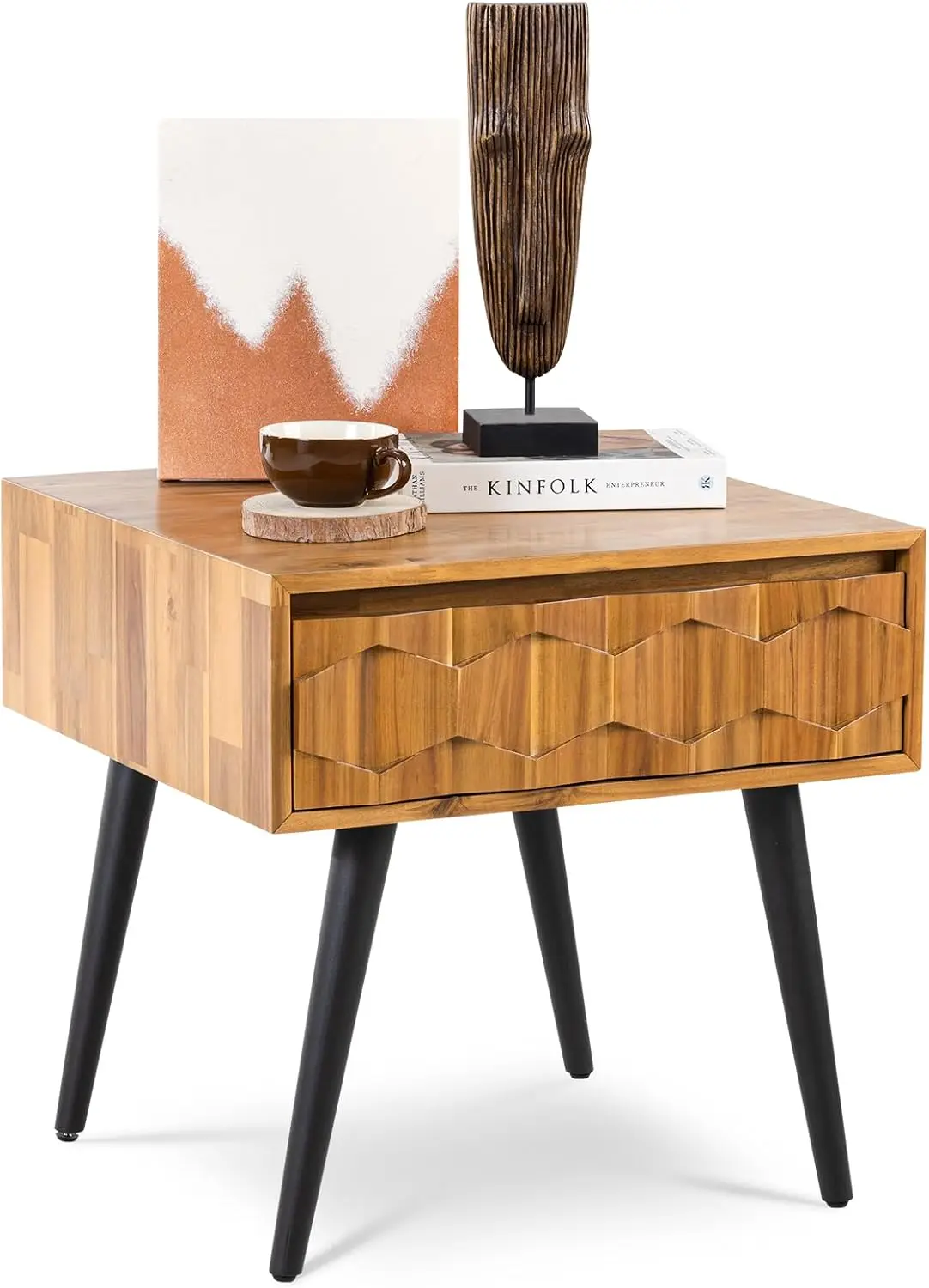 Georgina Solid Wood Nightstands with Drawers - Fully Assembled Rustic Geometric Pattern Bedside Cabinet