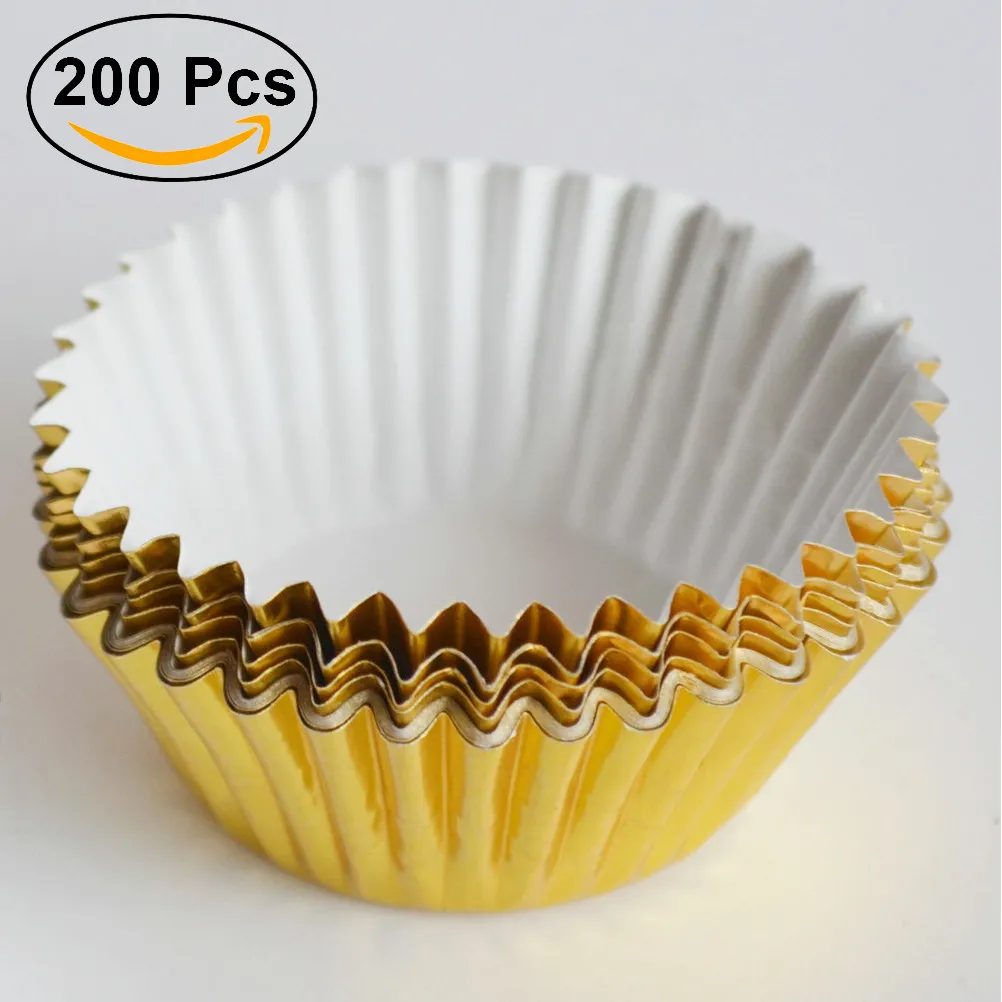 200Pcs Aluminum Foil Cupcake Liners Thickened Light Golden Cake Paper Molds for Birthday Wedding Shower Celebration